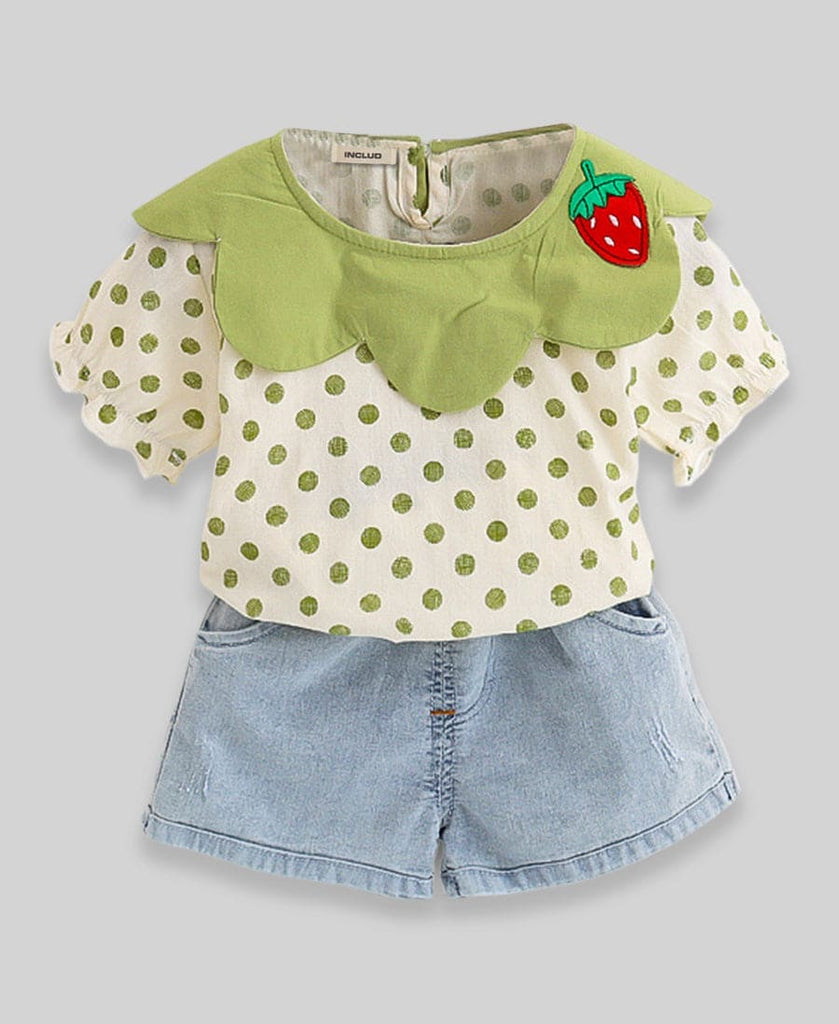 Girls Polka Dot Top with Denim Shorts Sets Green 1-2 Y 