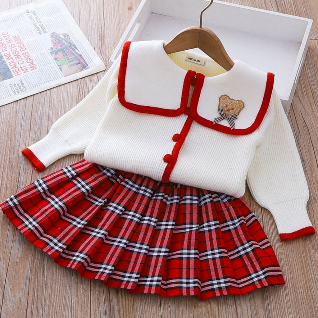 Girls Cardigan with Checkered Skirt Set