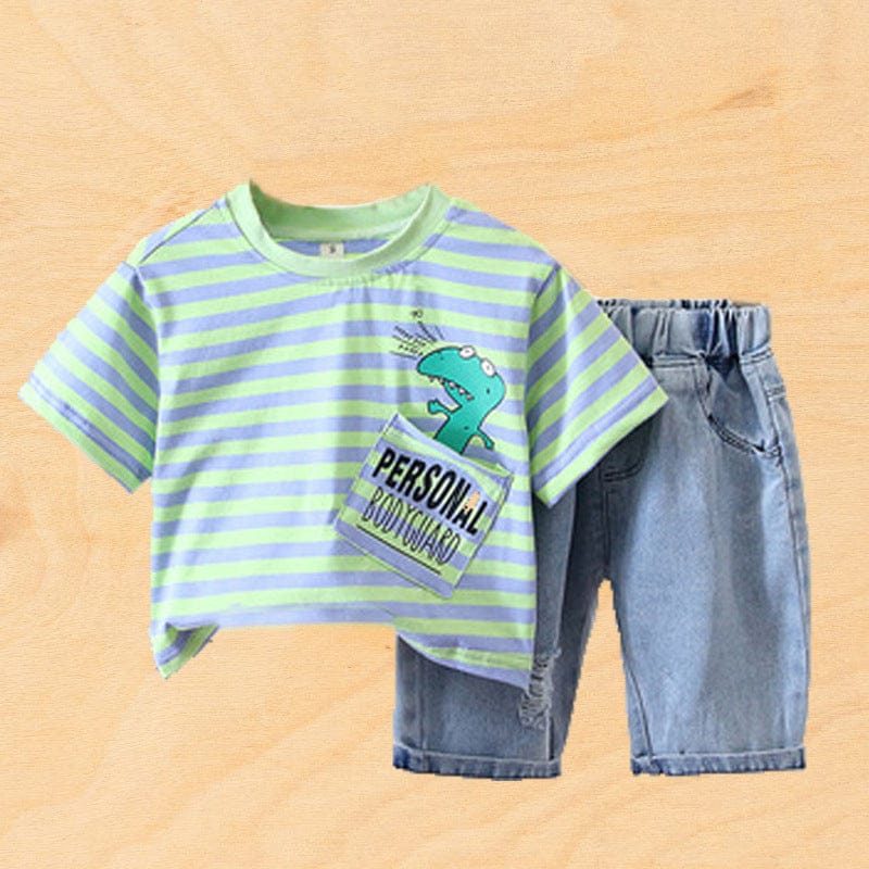 Boys Dinosaur Print T-shirt with Denim Bermuda Sets Light Green 4-5 Y 