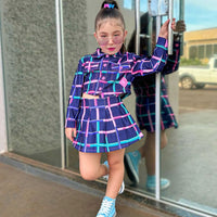 Girls Long Sleeve Short Length Plaid Shirt With Skirt Sets   