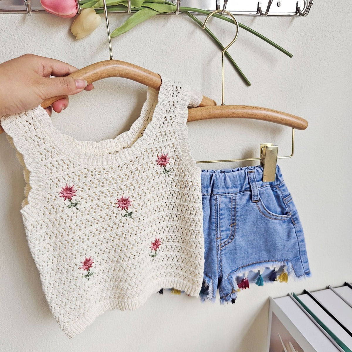 Girls Sleeveless Knitted Top With Denim Shorts Sets White 2-3 Y 