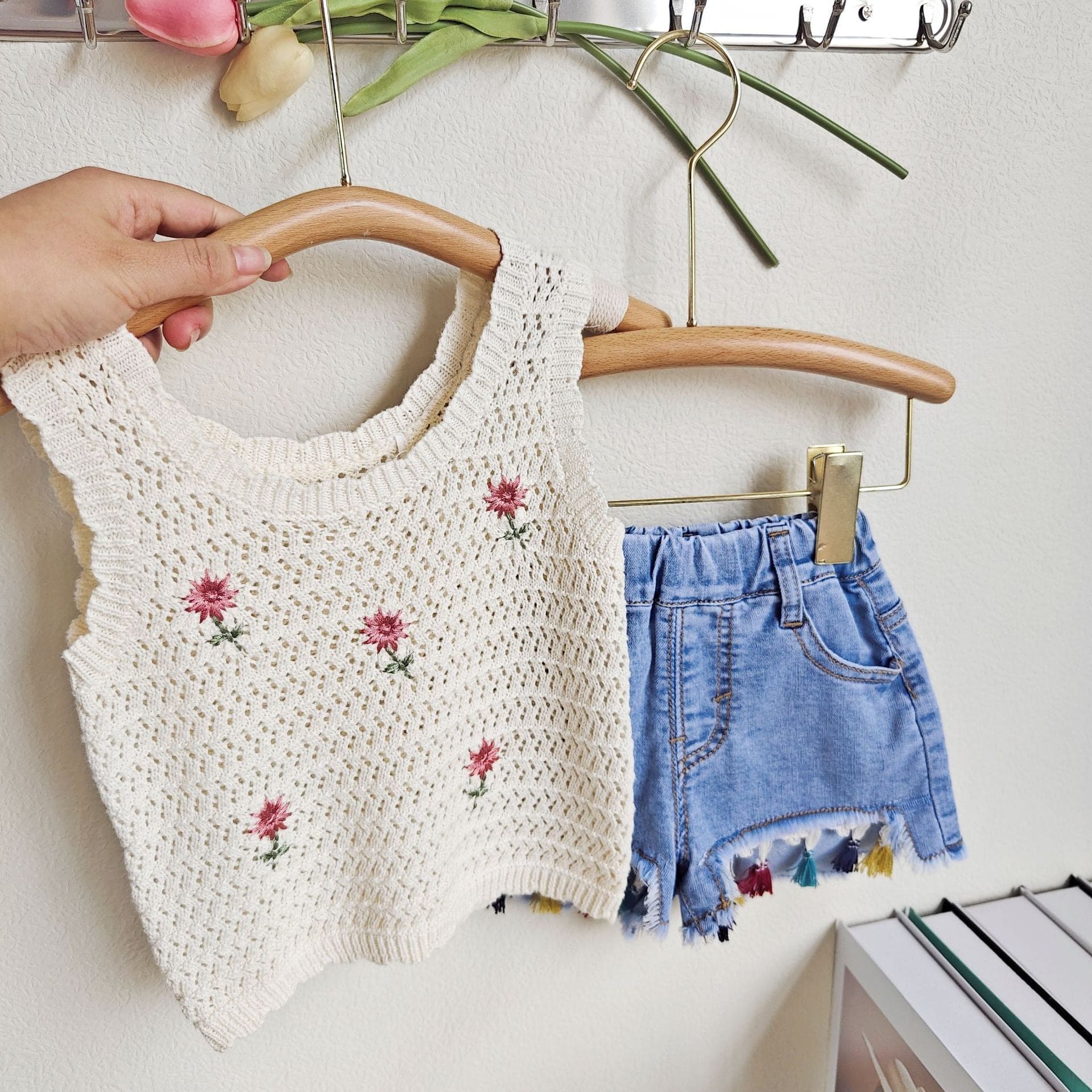 Girls Sleeveless Knitted Top With Denim Shorts Sets White 2-3 Y 