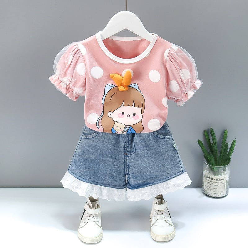 Girls Top With Polka Print Graphics & Denim Shorts Sets Pink 1-2 Y 