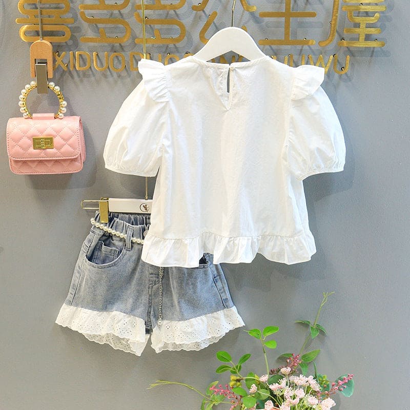Girls Top with Denim Shorts Set Sets   
