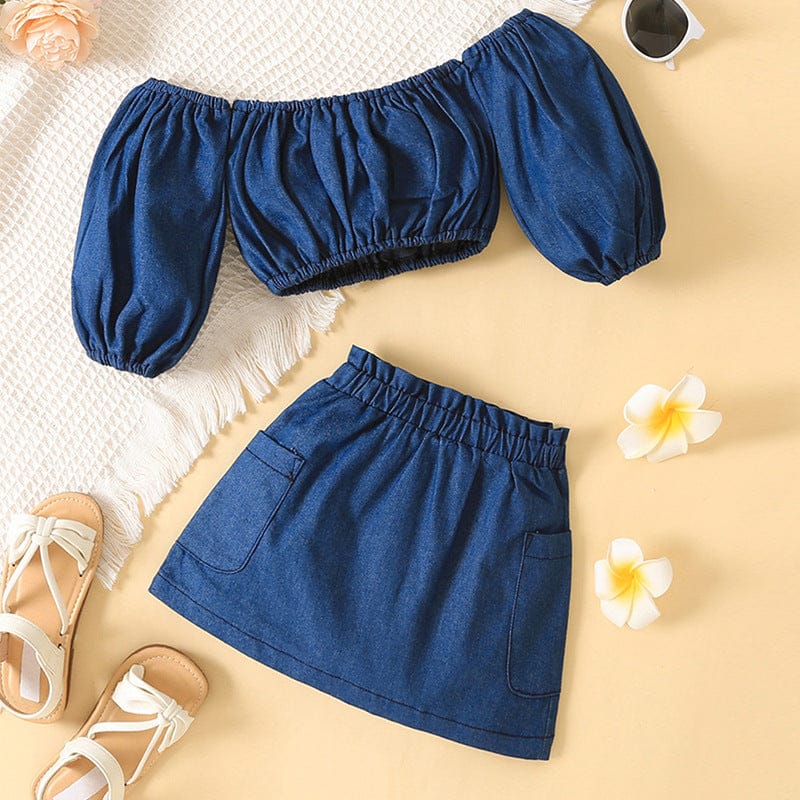 Girls Denim Off Shoulder Top with Skirt Set Sets Dark Wash 1-2 Y 