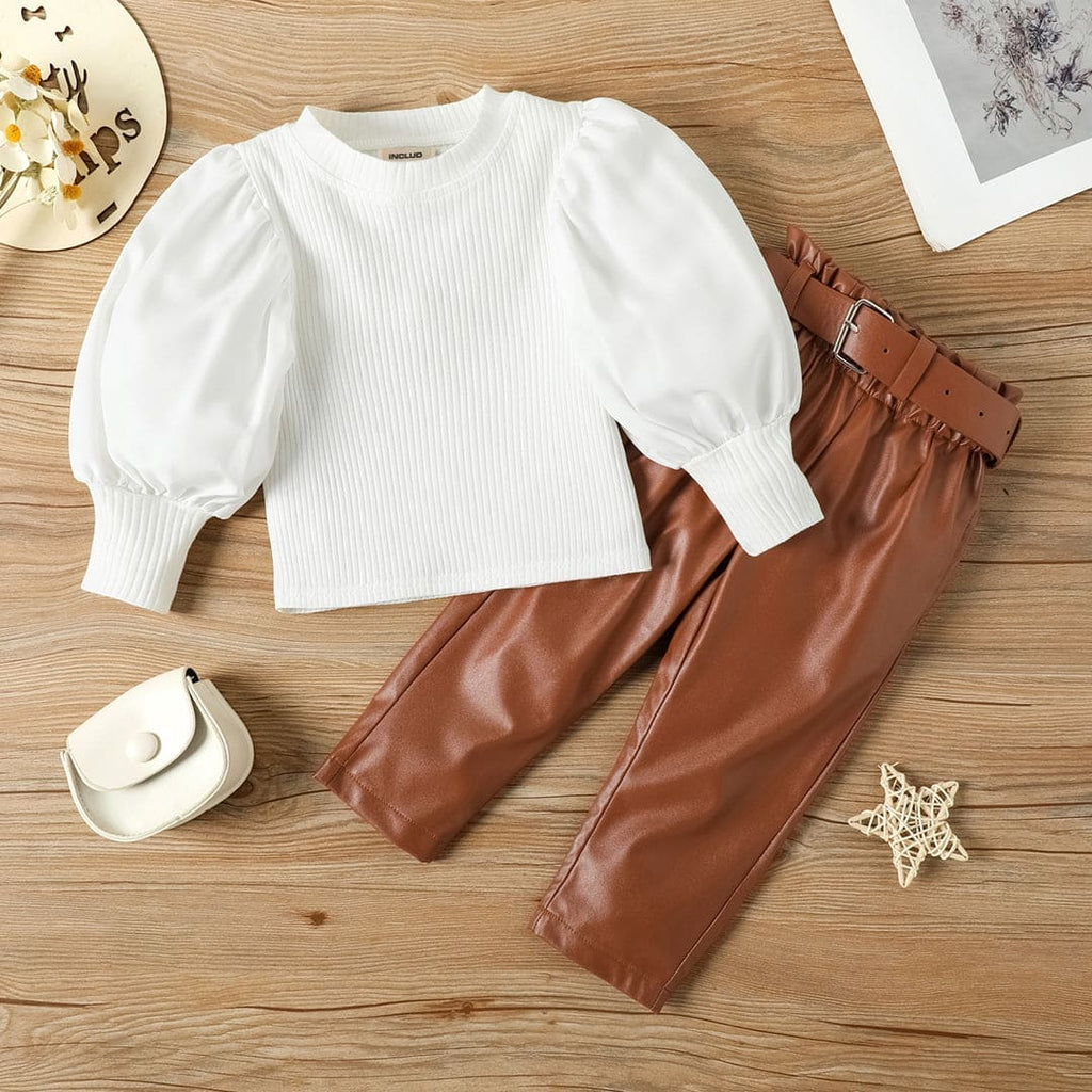 Girls Full Sleeves Top with Faux Leather Trousers Set
