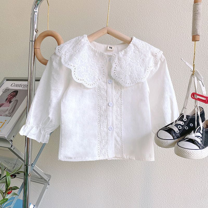 Girls Long Sleeve Peter Pan Lace collar Top Tops White 1-2 Y 