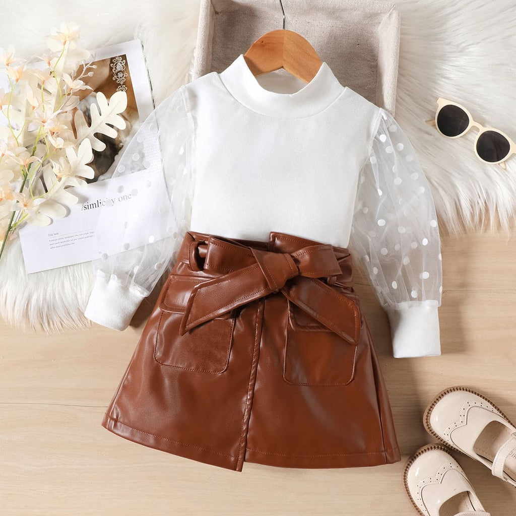 Girls Full Sleeves Top with Faux Leather Skirt Set