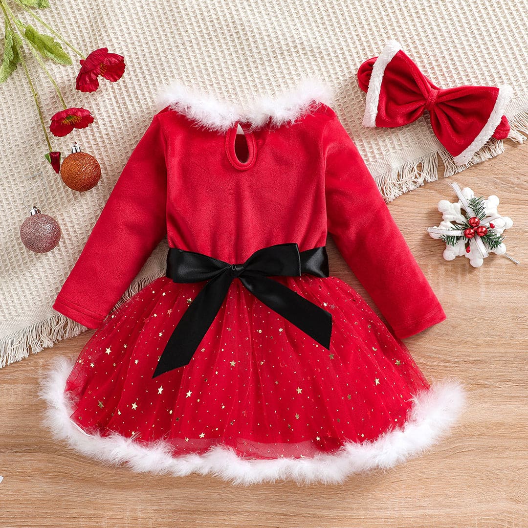 Girls Santa Inspired Full Sleeves Dress with Headband Casual Dresses   