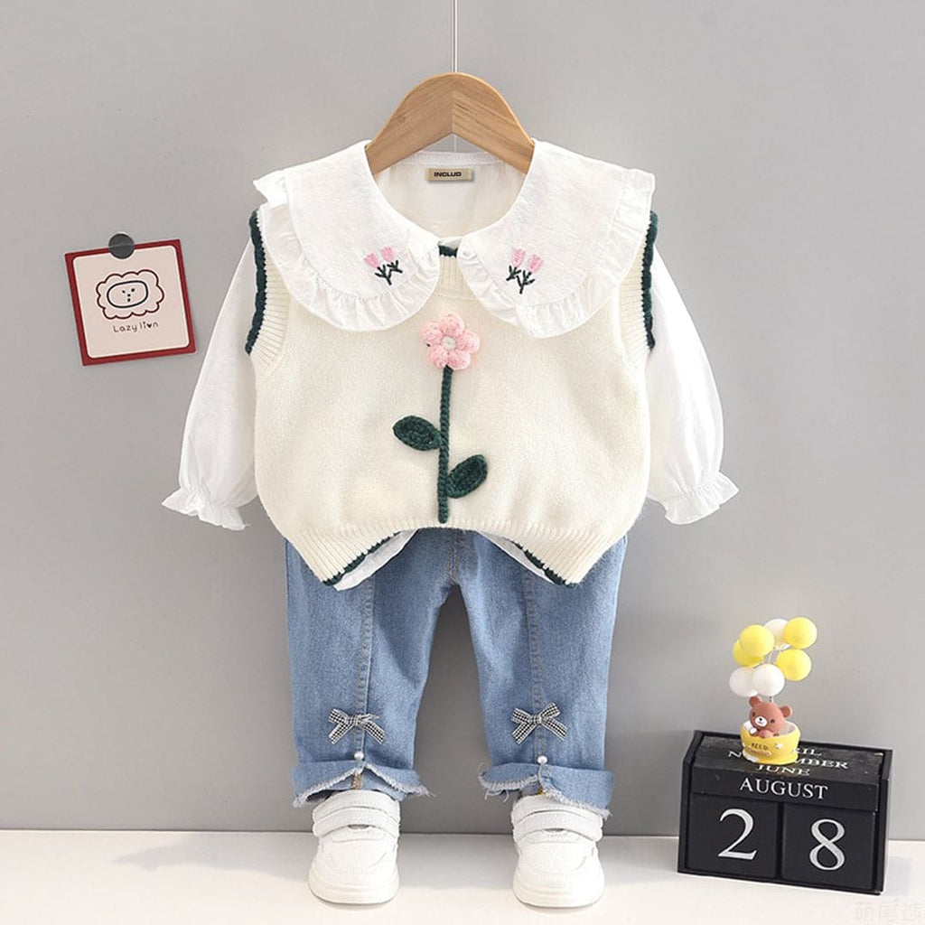 Girls Top with Sweater & Denims Set