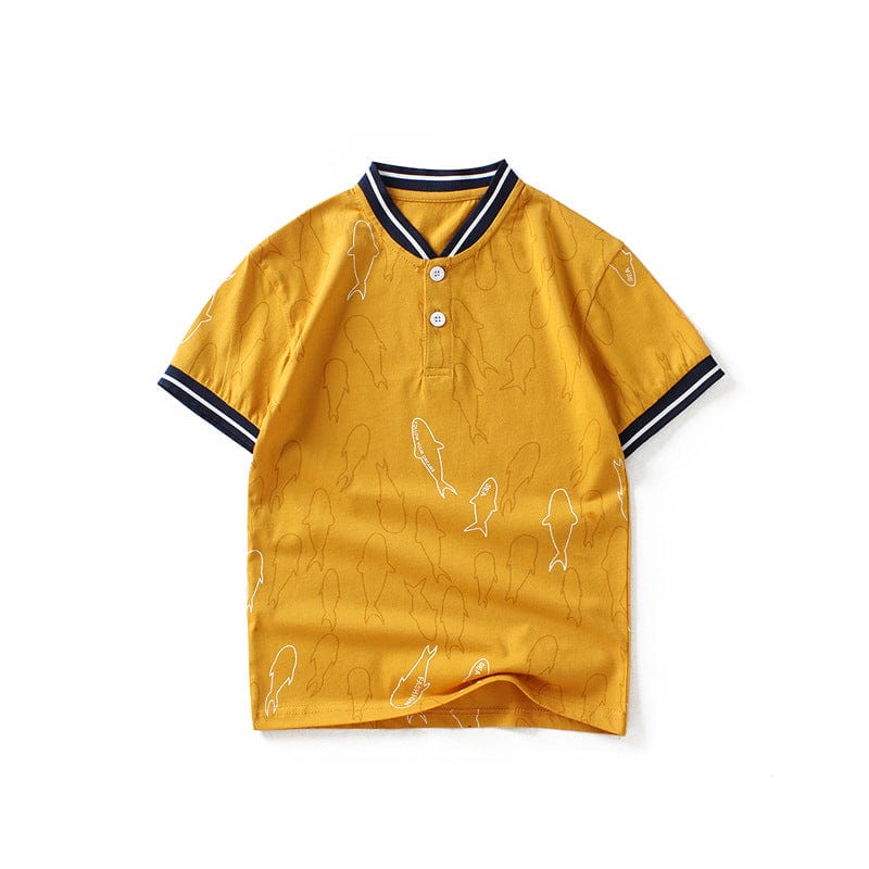 Boys Mandarin Collar Polo Neck Tshirt with Fish Print Tshirts   