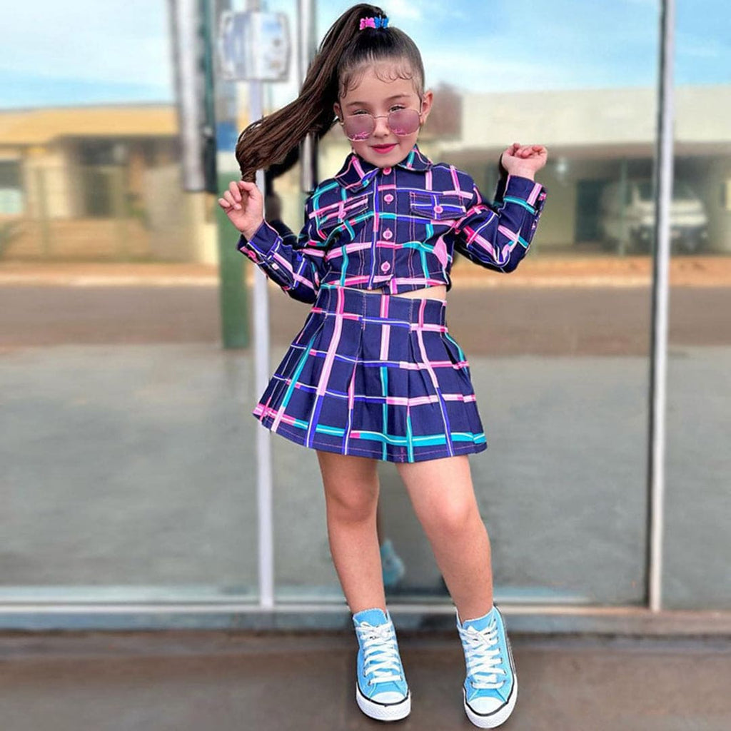 Girls Long Sleeve Short Length Plaid Shirt With Skirt Sets   