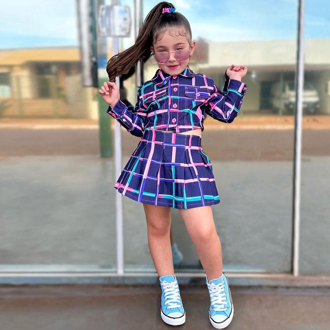 Girls Long Sleeve Short Length Plaid Shirt With Skirt Sets   