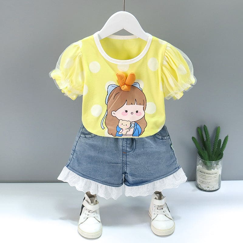 Girls Top With Polka Print Graphics & Denim Shorts Sets Yellow 1-2 Y 