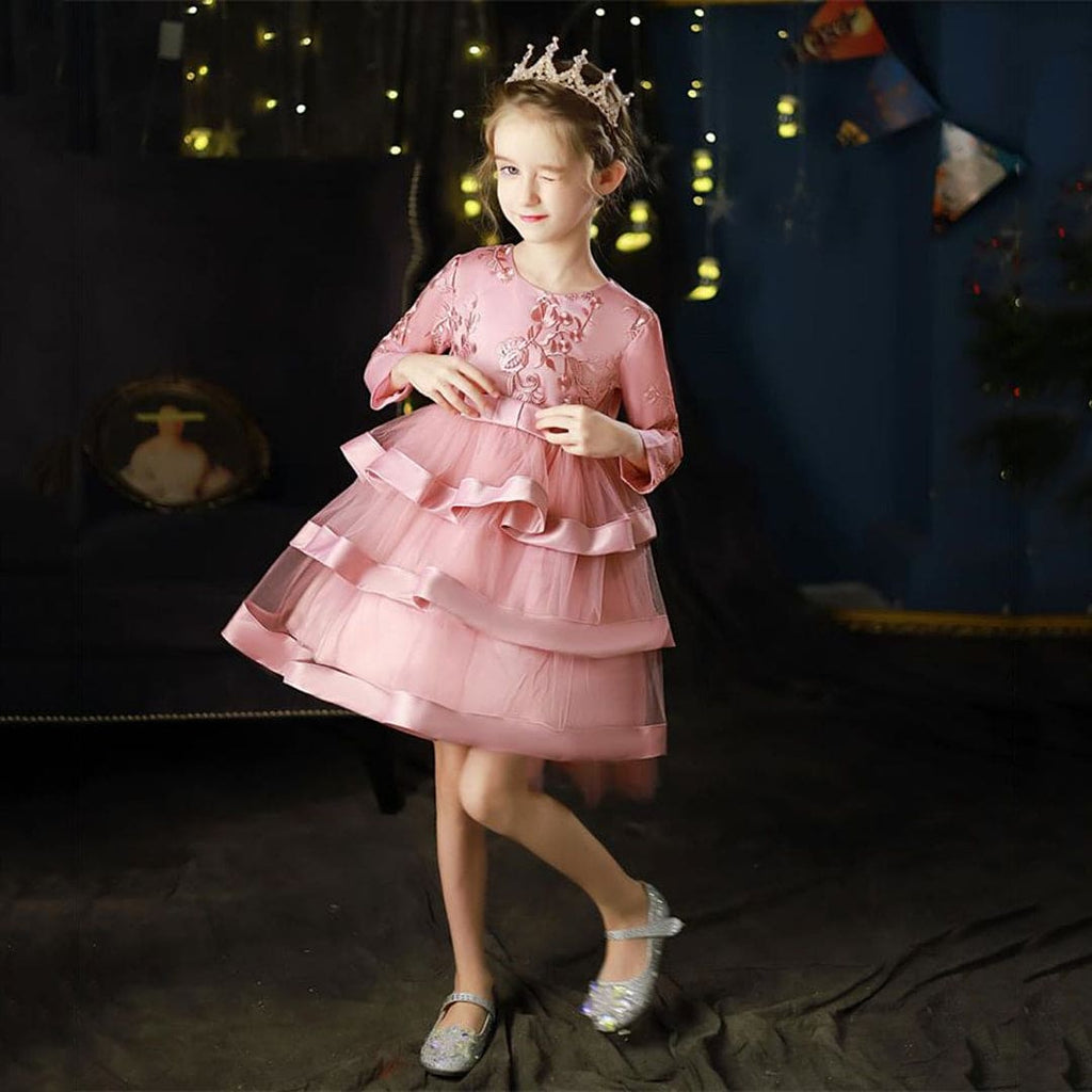 Girls Embroidered Full Sleeves Tiered Dress Casual Dresses   