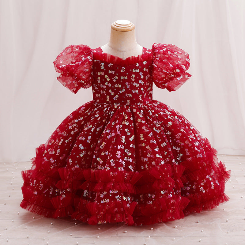 Girls Puff Sleeve Balloon Shape Printed Dress Party Dresses Red 1-2 Y 