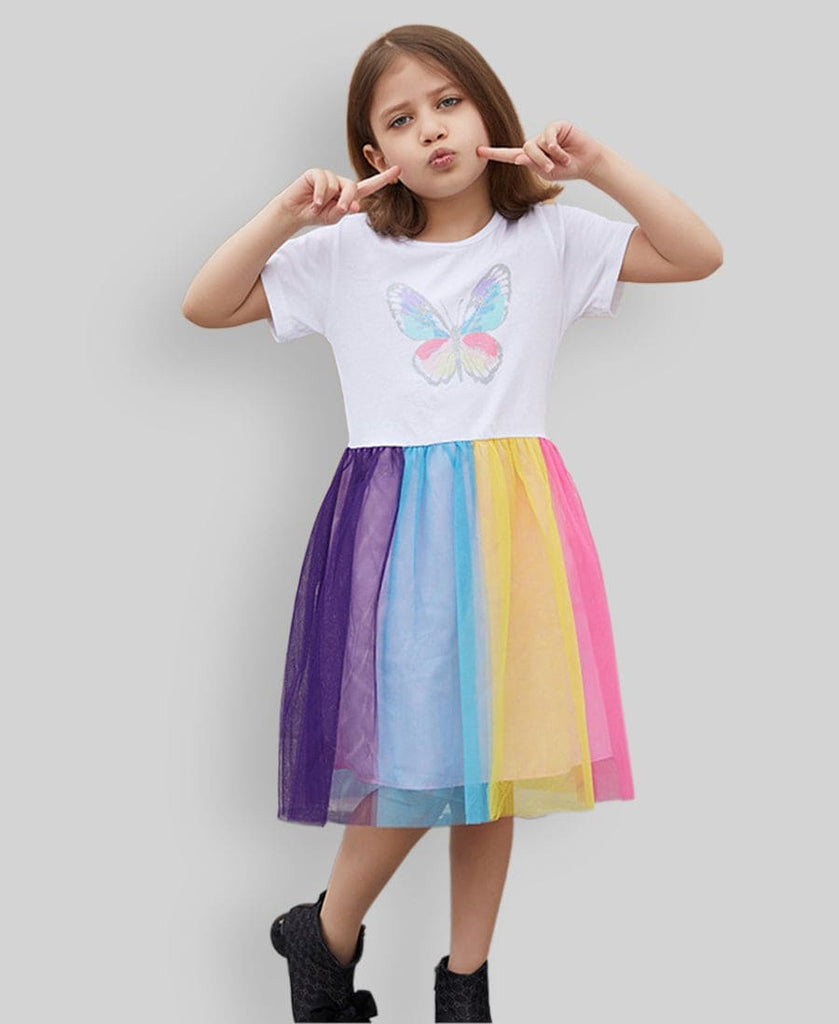 Girls Tulle Overlay Dress with Butterfly Print