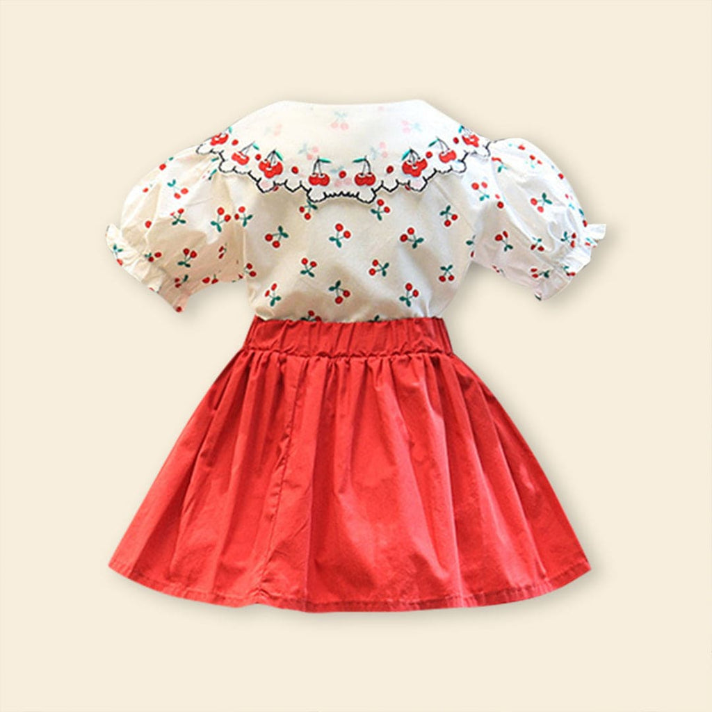 Girls Short Sleeve Cherry Embroidery Top With Skirt Sets   