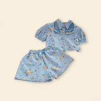 Girls Floral Printed Denim Shirt & Shorts Sets   