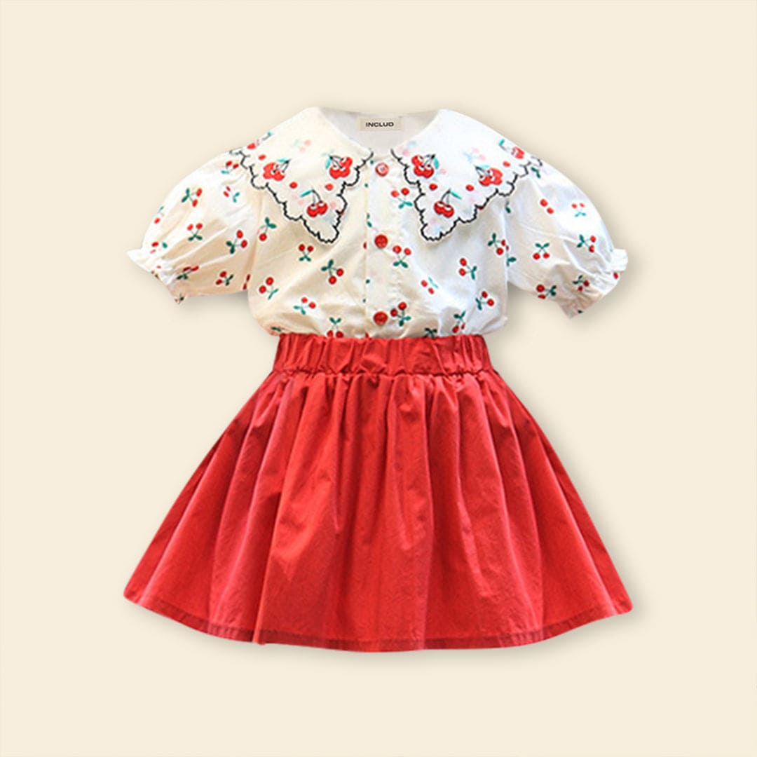 Girls Short Sleeve Cherry Embroidery Top With Skirt Sets   
