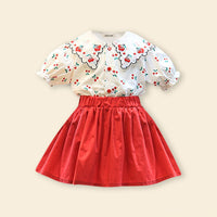 Girls Short Sleeve Cherry Embroidery Top With Skirt Sets   