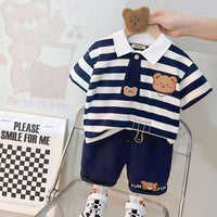 Boys Striped Polo T-shirt with Shorts Set Sets   