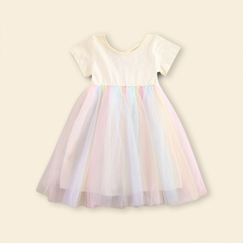 Girls Short Sleeve Rainbow Mesh Dress Casual Dresses   