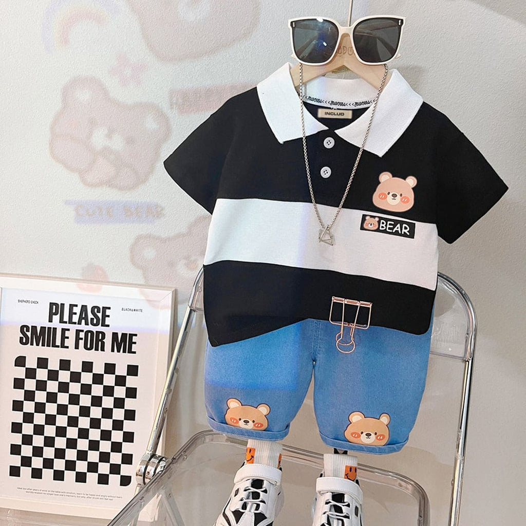 Boys Bear Printed T-shirt with Denim Shorts Set Sets   