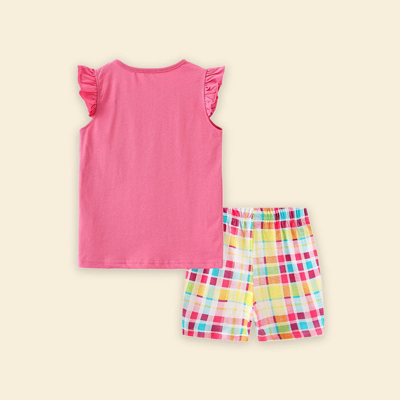 Girls Butterfly Applique T-shirt & Checkered Shorts Set Sets   