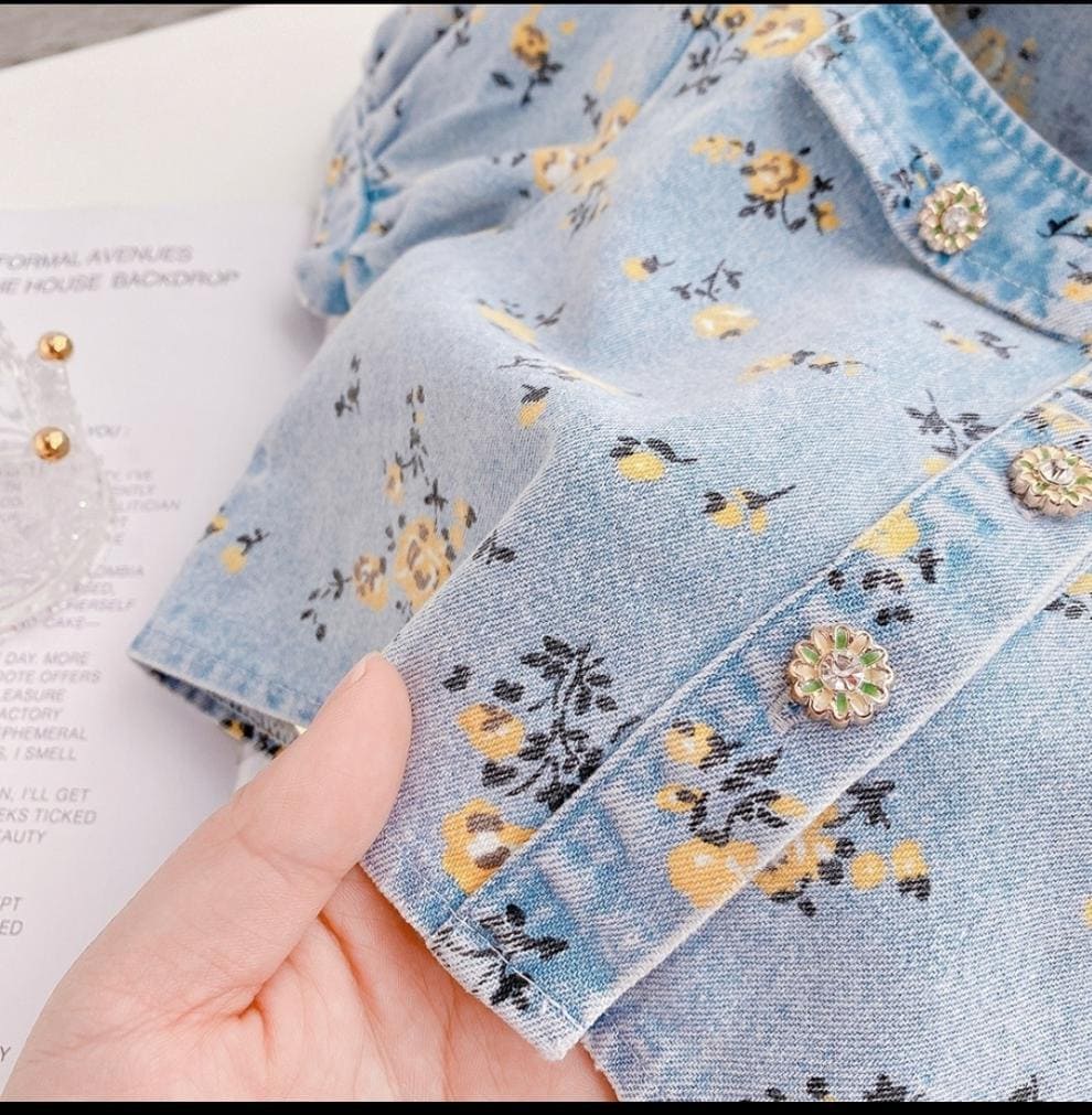Girls Floral Printed Denim Shirt & Shorts Sets   