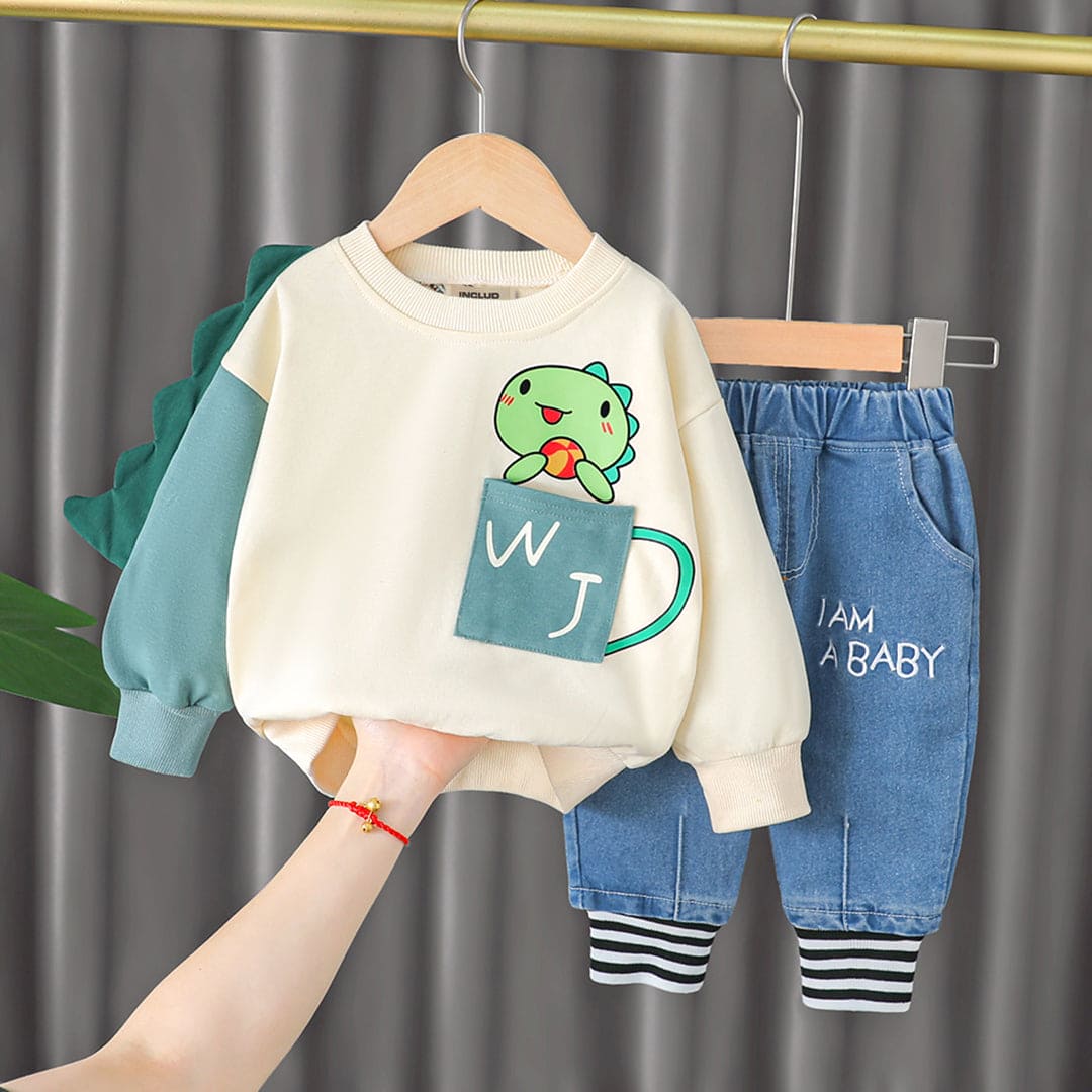 Boys Printed Sweatshirt with Denim Joggers Set Winterwear Sets   