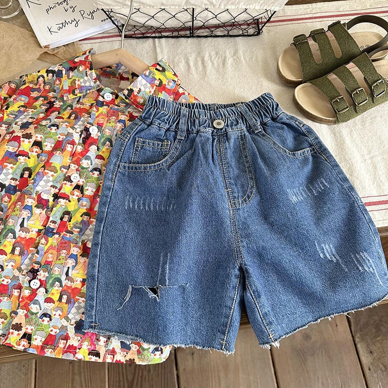 Boys Ripped Denim with Fray Edges Shorts Dark Wash 1-2 Y 