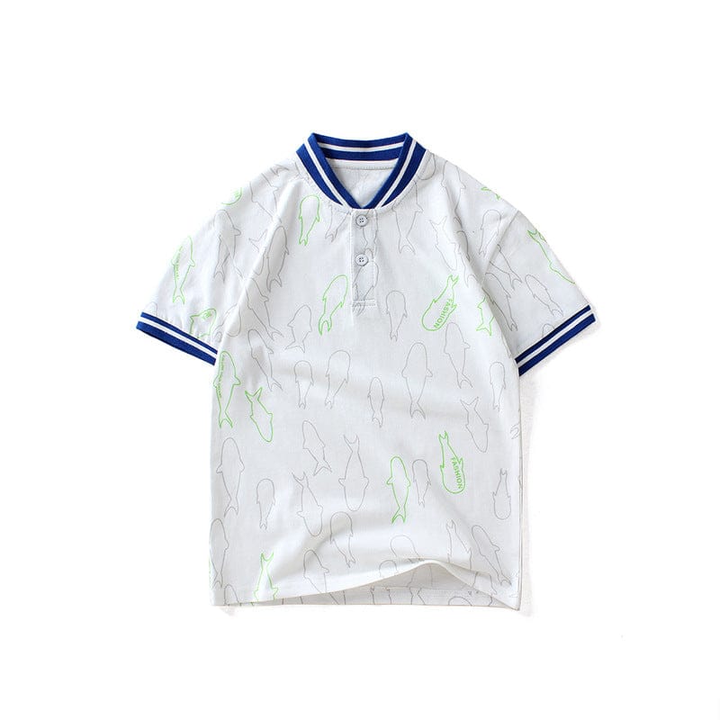 Boys Mandarin Collar Polo Neck Tshirt with Fish Print Tshirts White 6-7 Y 