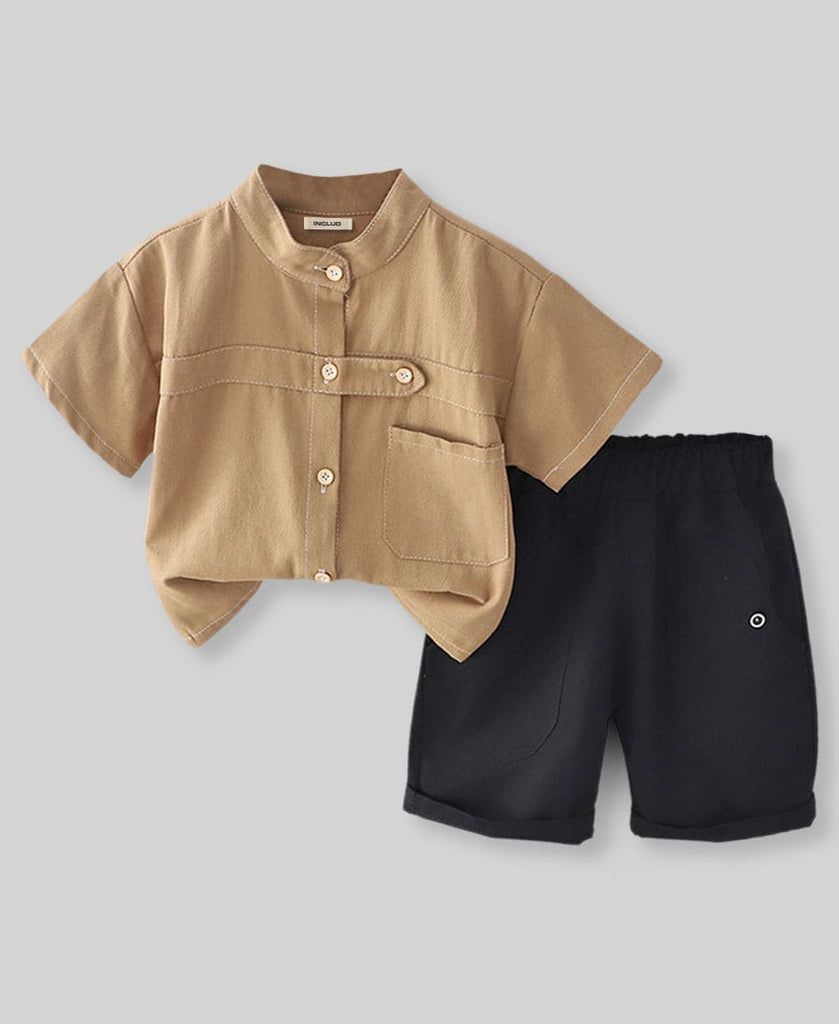 Boys Mandarin Collar Shirt with Shorts Set