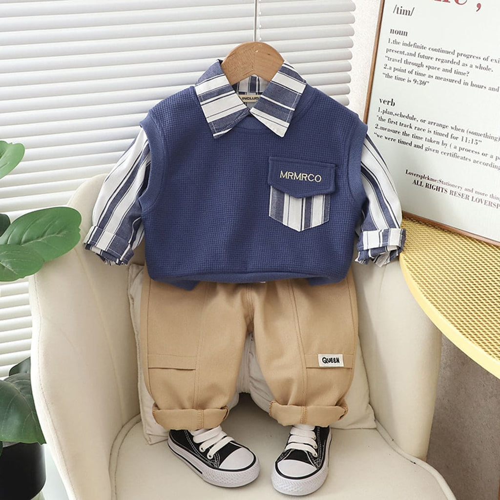 Boys Striped Shirt with Sleeveless Pullover & Bermuda Set Sets Blue 1-2 Y 