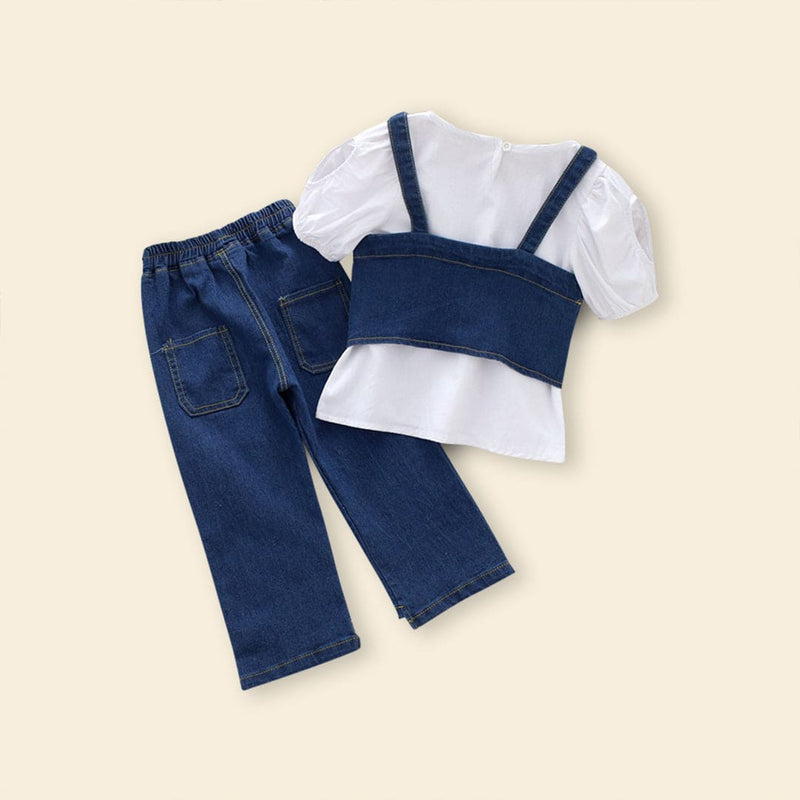 Girls Short Sleeve Top With Denim Top & Denim Trousers Sets   