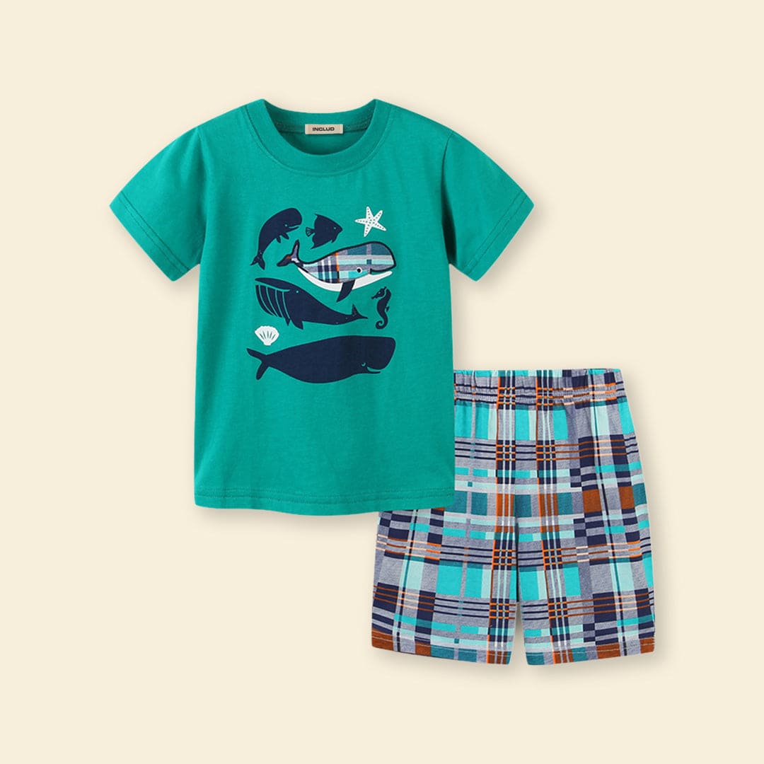 Boys Printed T-shirt & Checkered Short Set Sets   