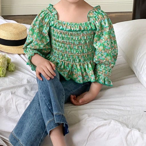 Girls Printed Smocked Top Tops Green 1-2 Y 