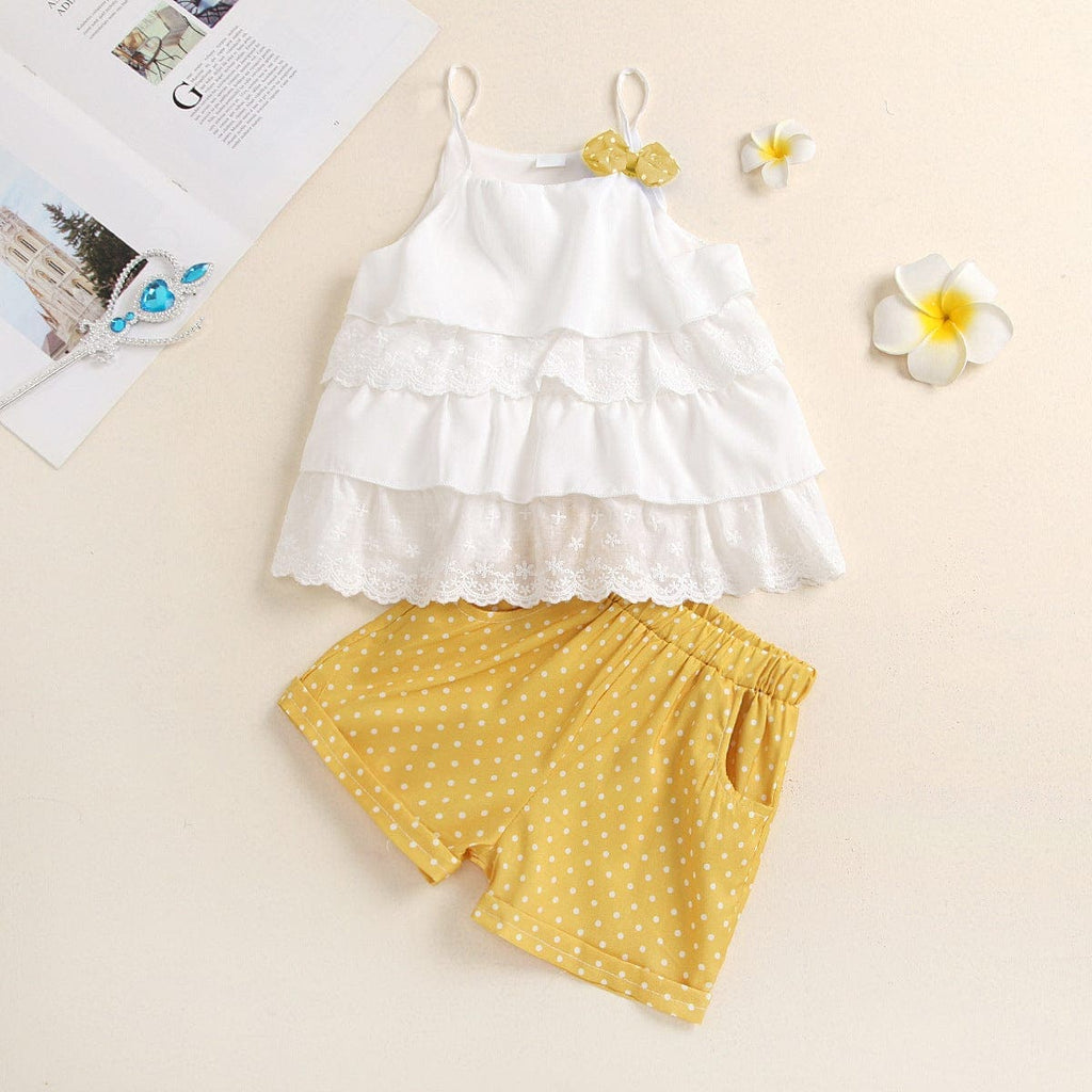 Girls Embroidered Top with Polka Dot Shorts Sets Yellow 2-3 Y 