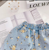 Girls Floral Printed Denim Shirt & Shorts Sets   