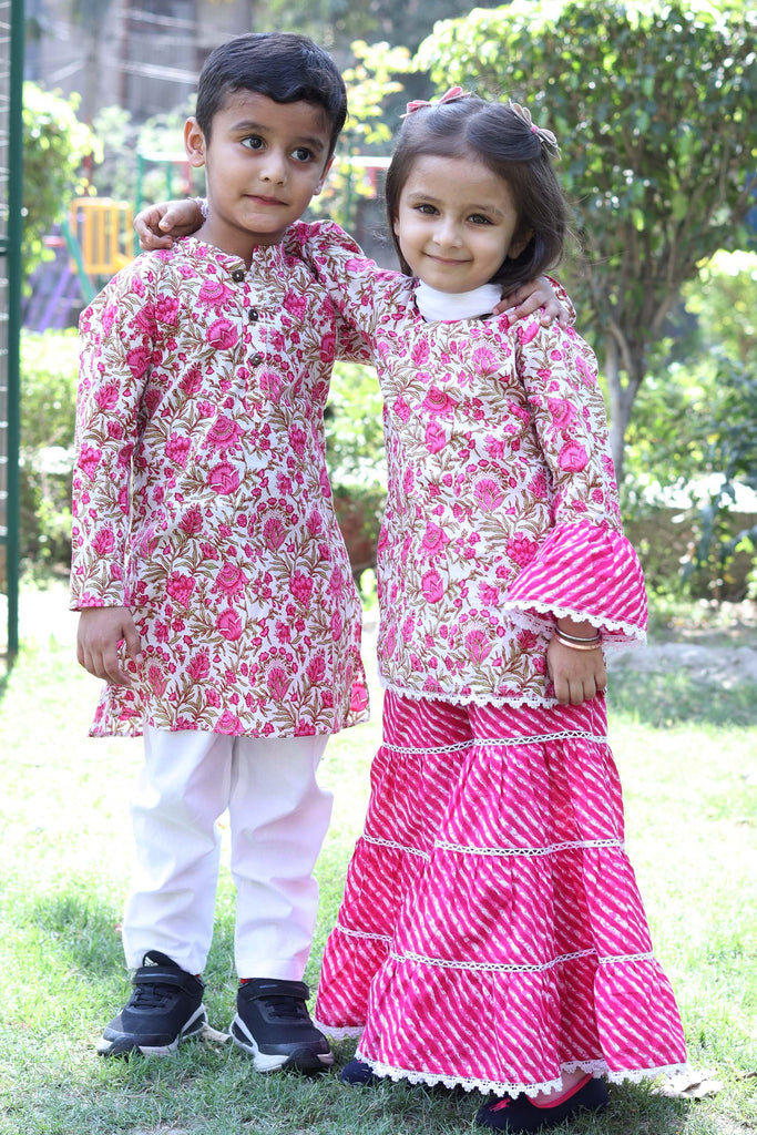 Fuchsia Floral Kurta Pyjama & Sharara Sibling Set Siblings Set Fuchsia 3-4 Y 3-4 Y