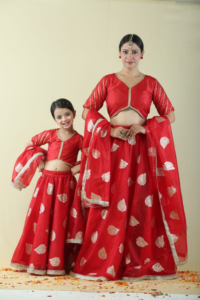 Red Brocade Mom & Daughter Lehenga Choli Set