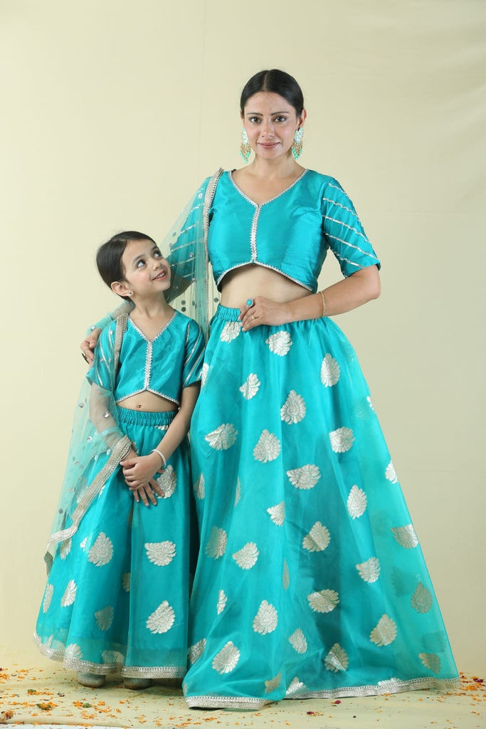 Teal Brocade Mom & Daughter Lehenga Choli Set
