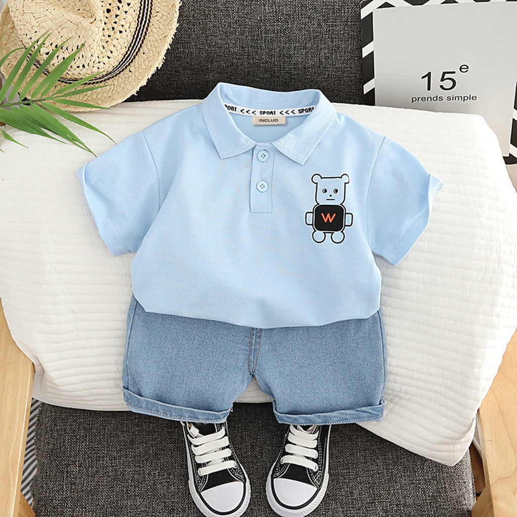 Boys Graphic Polo T-Shirt With Denim Shorts Sets Blue 1-2 Y 