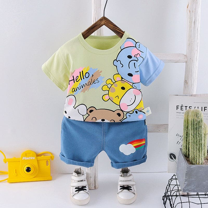 Boys Animal Print T-shirt with Denim Shorts Set Sets Green 1-2 Y 