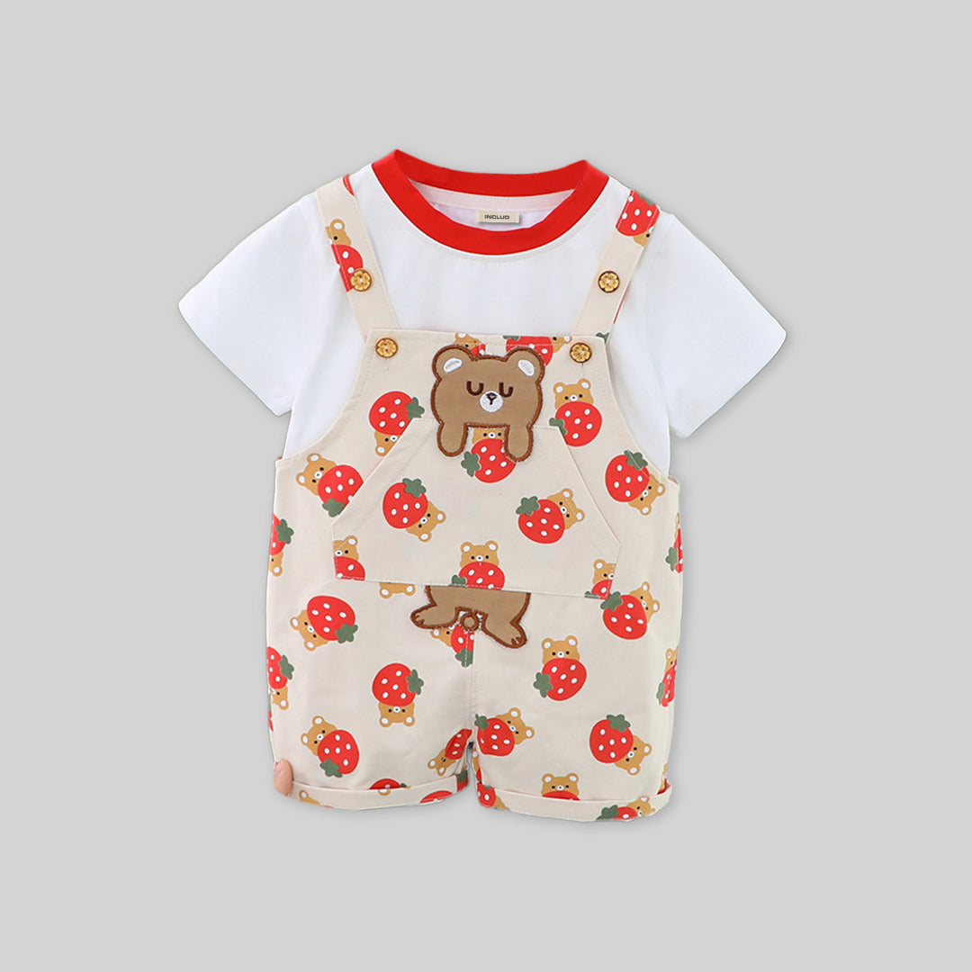 Girls Short Sleeve T-Shirt With Strawberry Printed Dungaree Sets   