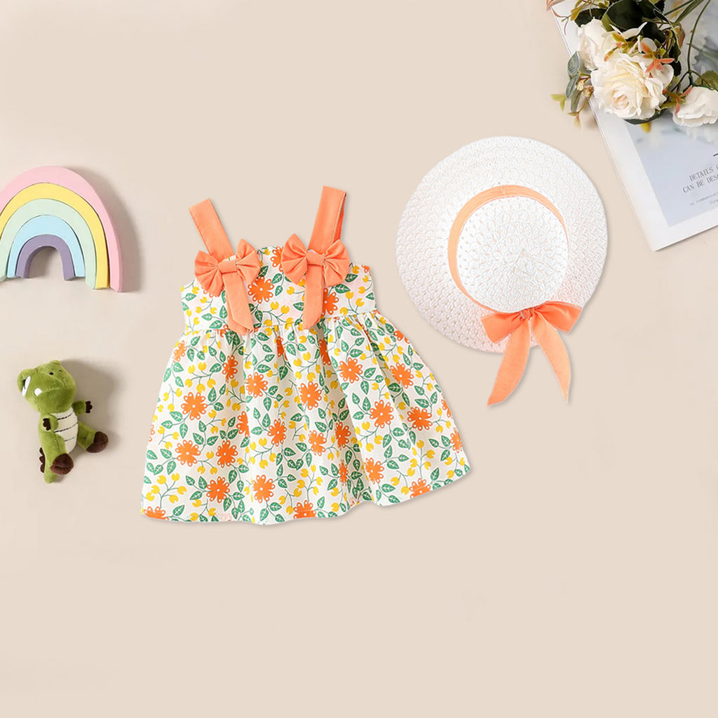 Girls Floral Print Fit & Flare Dress with Hat