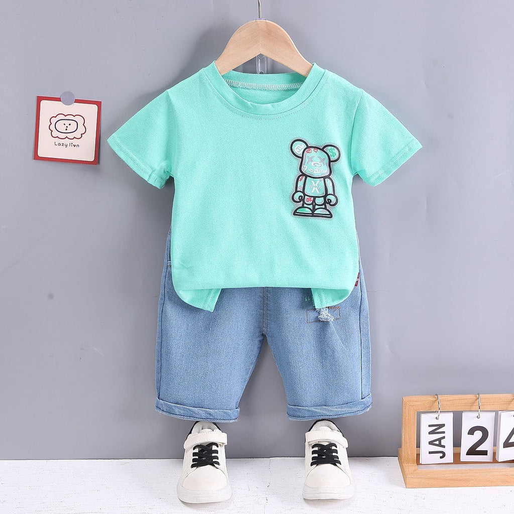 Boys Printed T-shirt with Denim Bermudas Set (Copy) Sets Green 1-2 Y