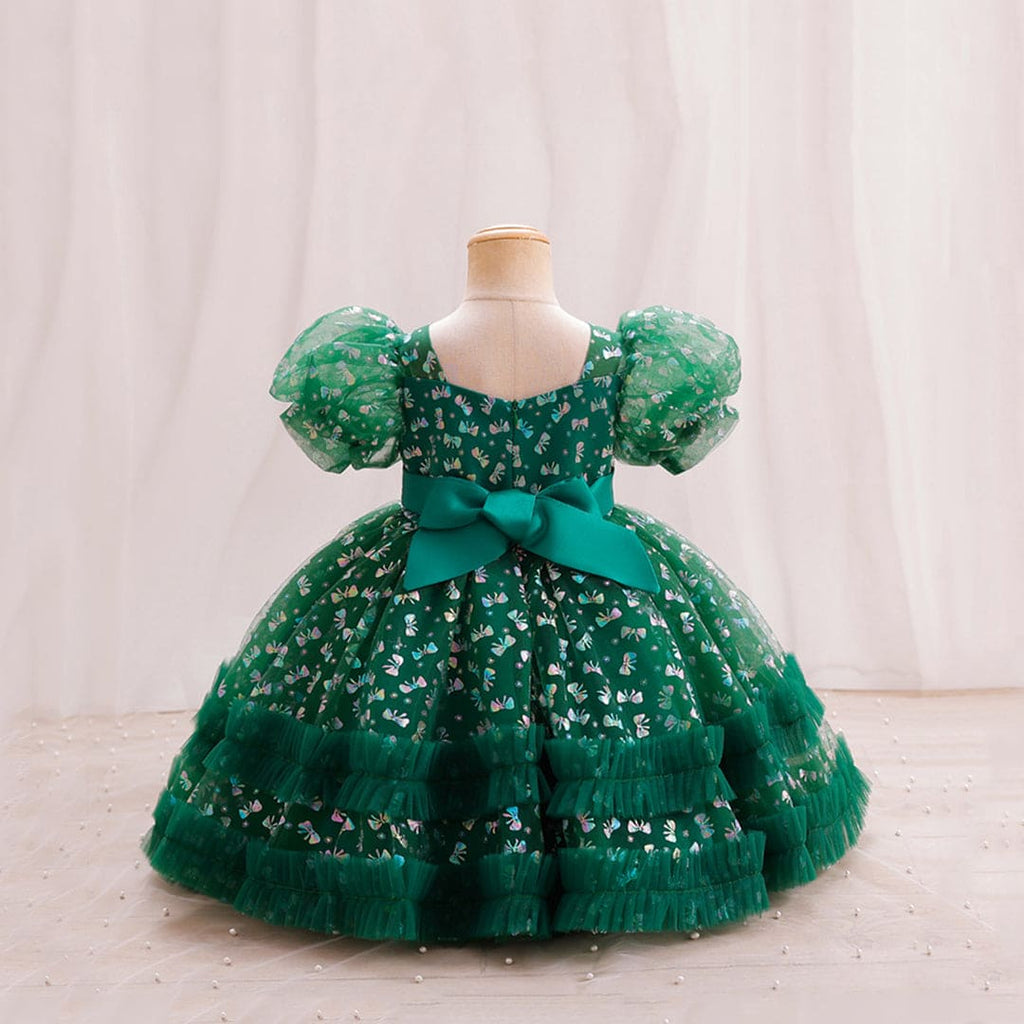 Girls Puff Sleeve Balloon Shape Printed Dress Party Dresses   