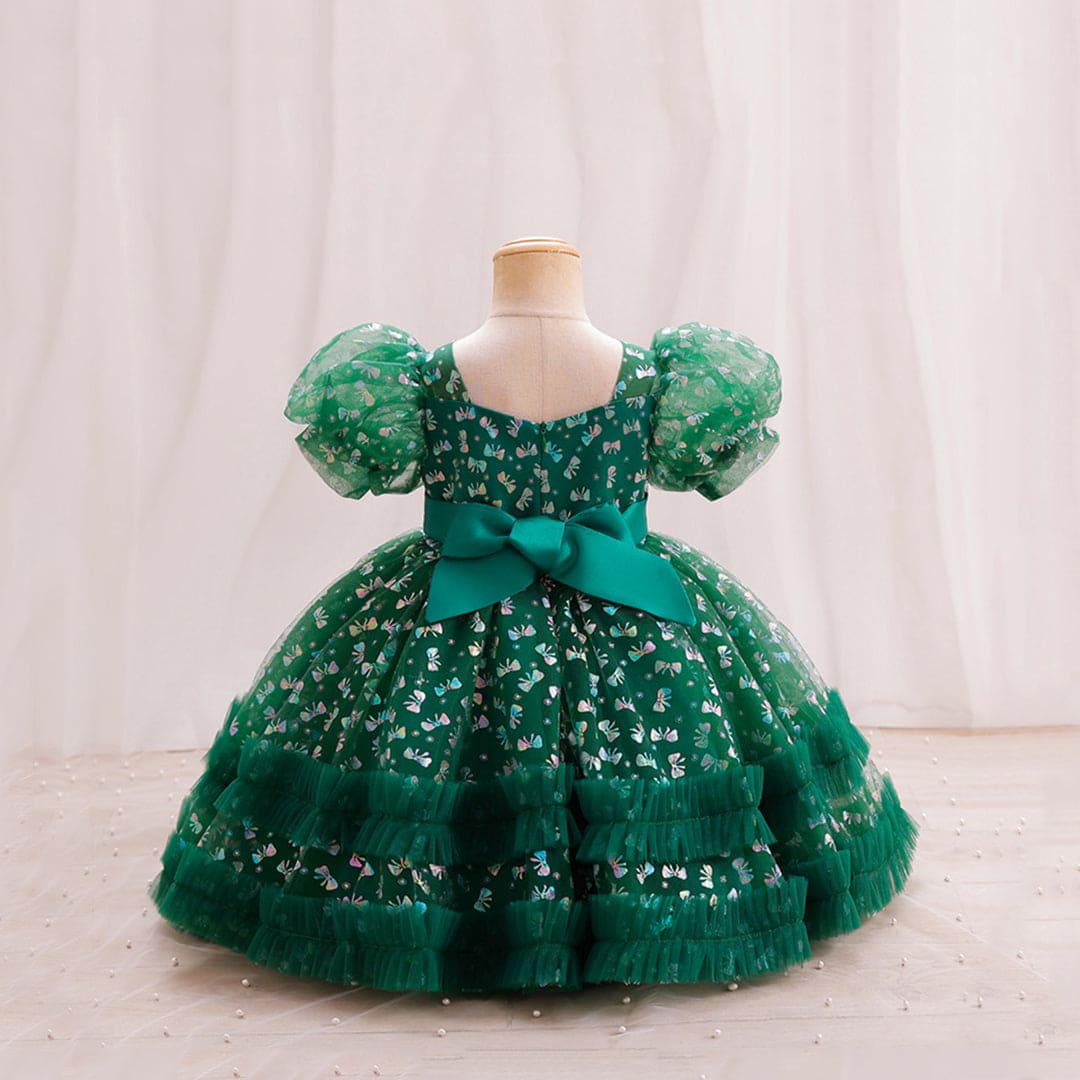 Girls Puff Sleeve Balloon Shape Printed Dress Party Dresses   
